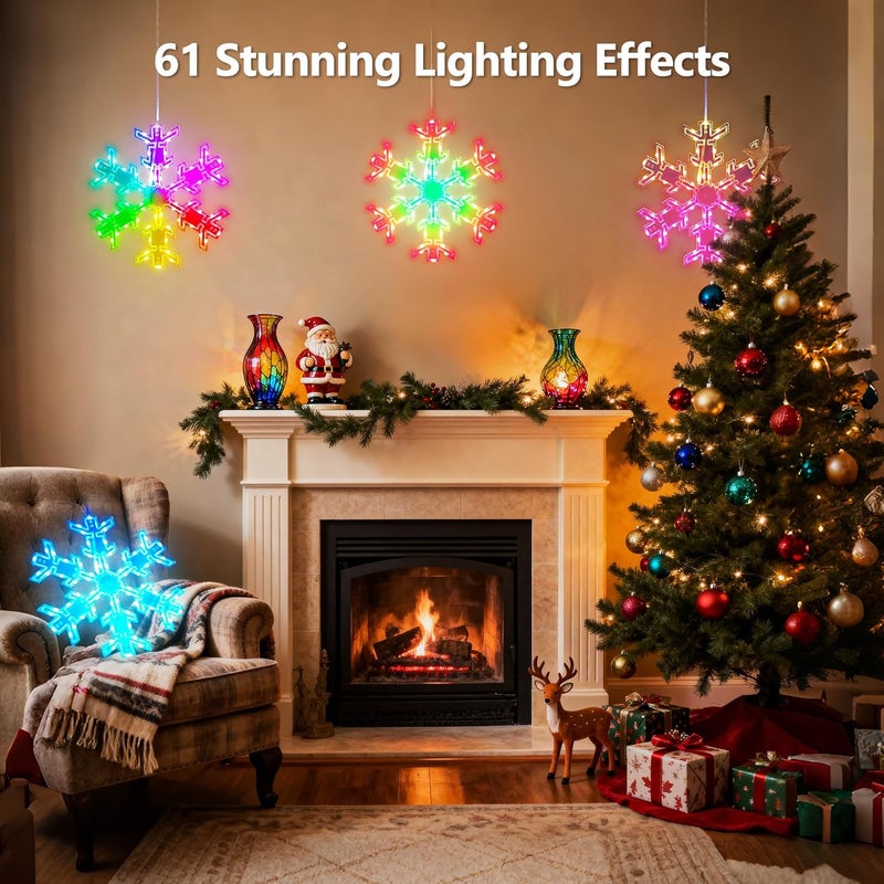 ODEETRONIC Snowflake Window Silhouette Lights, 2 Packs 12" Folding RGB Christmas Window Hanging Lights with Remote, 61 Mode Color Changing Christmas Snowflakes Light for Xmas Indoor Outdoor Eave Decor - Image 3